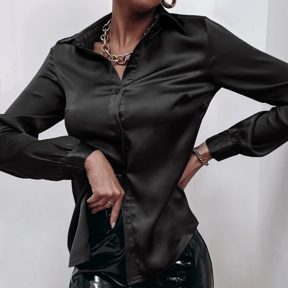 Satin silky button up down shirt sexy business professional casual holiday - Picture 10 of 16